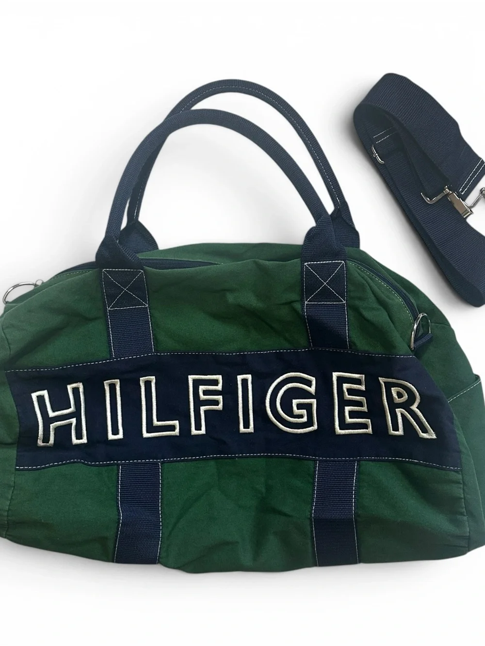 Tommy Hilfiger Green and Navy Canvas Weekend Duffel Y2K